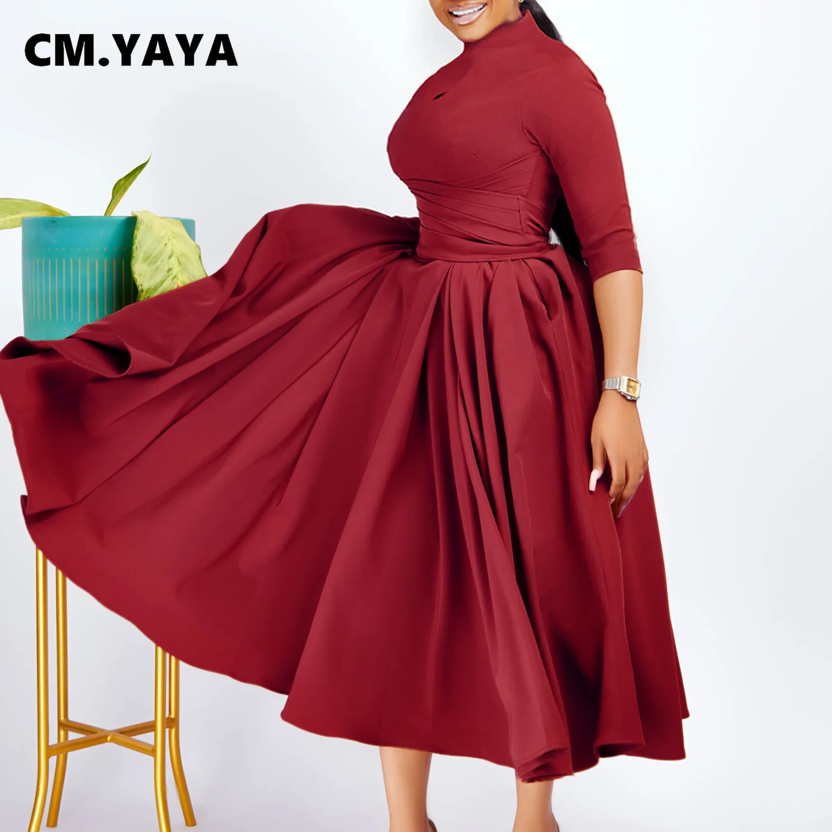 CM.YAYA Women Long Sleeve Draped High Waist Tunic Big Swing Maxi Dress 2023 OL Winter Street Vintage Ball Gown Dresses Vestidos CM.YAYA Women Long Sleeve Draped High Waist Tunic Big Swing Maxi Dress 2023 OL Winter Street Vintage Ball Gown Dresses Vestidos