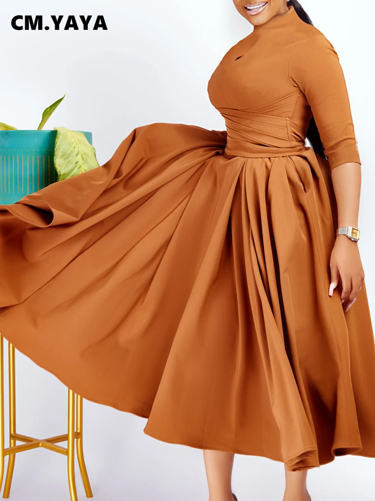 CM.YAYA Women Long Sleeve Draped High Waist Tunic Big Swing Maxi Dress 2023 OL Winter Street Vintage Ball Gown Dresses Vestidos CM.YAYA Women Long Sleeve Draped High Waist Tunic Big Swing Maxi Dress 2023 OL Winter Street Vintage Ball Gown Dresses Vestidos