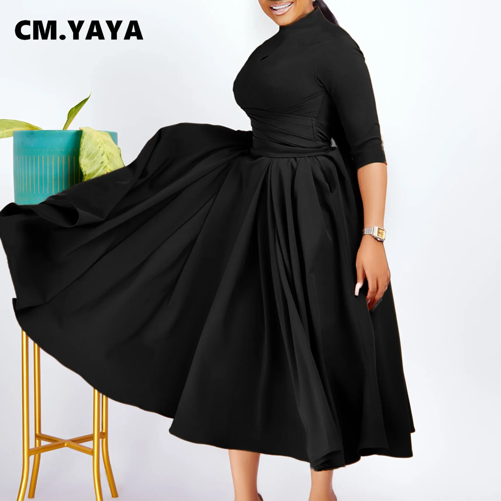 CM.YAYA Women Long Sleeve Draped High Waist Tunic Big Swing Maxi Dress 2023 OL Winter Street Vintage Ball Gown Dresses Vestidos CM.YAYA Women Long Sleeve Draped High Waist Tunic Big Swing Maxi Dress 2023 OL Winter Street Vintage Ball Gown Dresses Vestidos