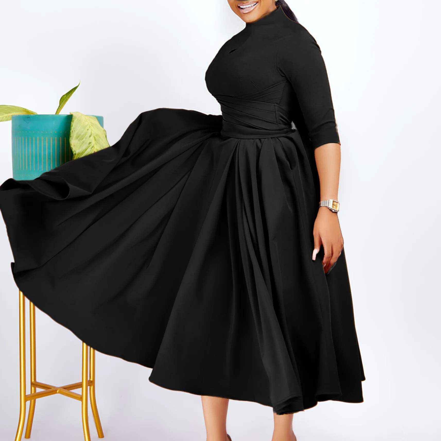 CM.YAYA Women Long Sleeve Draped High Waist Tunic Big Swing Maxi Dress 2023 OL Winter Street Vintage Ball Gown Dresses Vestidos