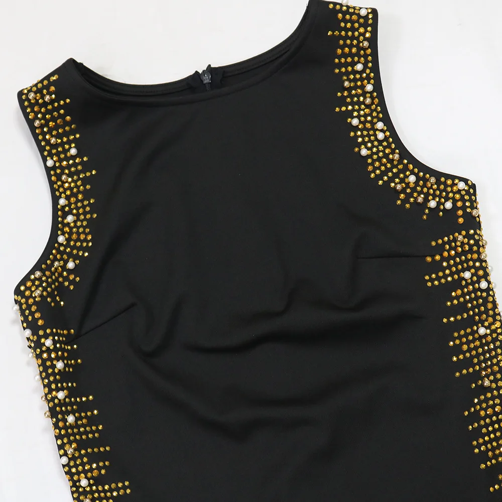 CM.YAYA Fall Diamonds Hot Rhinestones Tassel O-neck Women Sleeveless Bodycon Long Dress Birthday Party Evening Prom Maxi Dresses