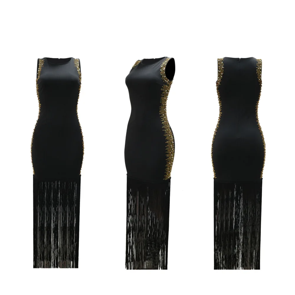 CM.YAYA Fall Diamonds Hot Rhinestones Tassel O-neck Women Sleeveless Bodycon Long Dress Birthday Party Evening Prom Maxi Dresses