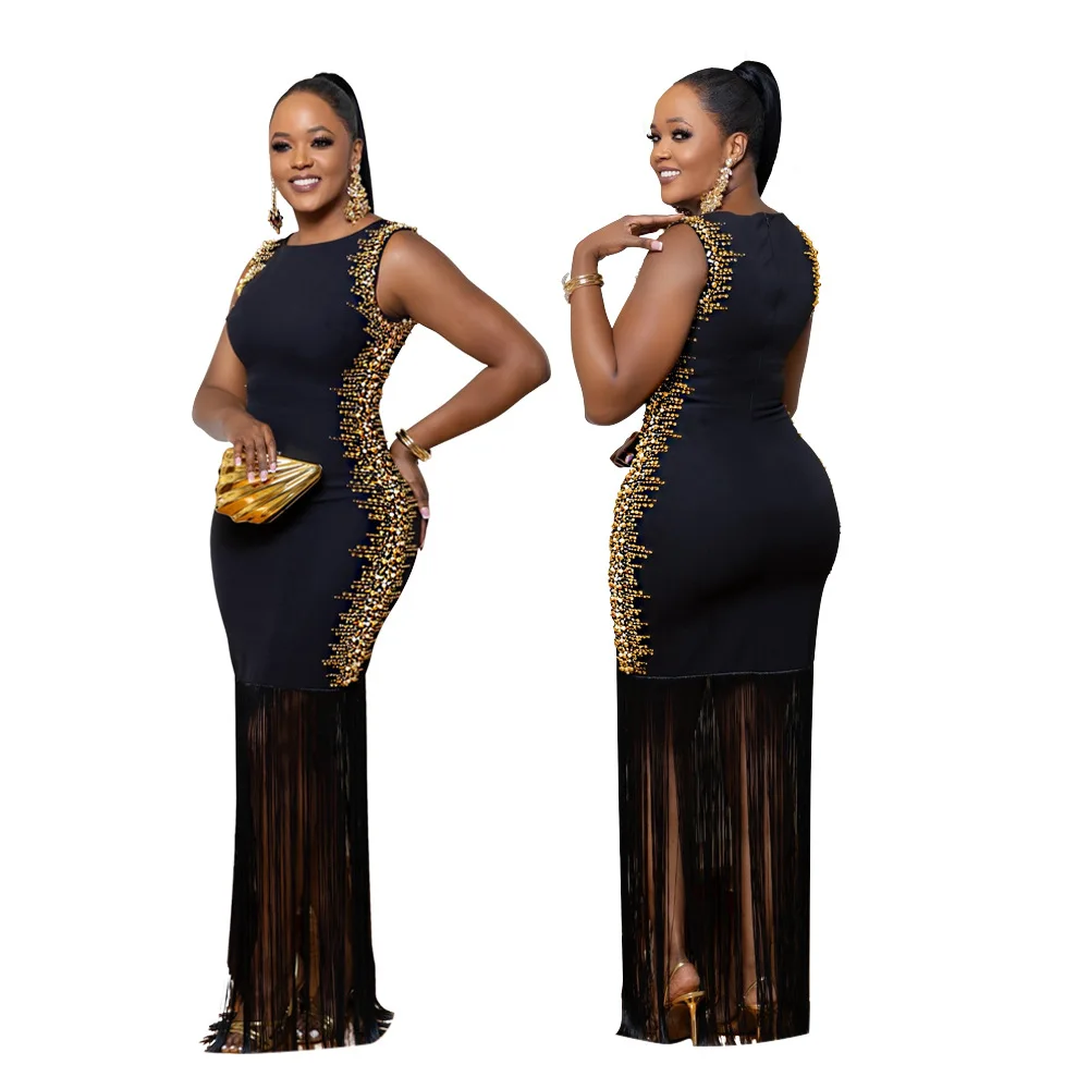 CM.YAYA Fall Diamonds Hot Rhinestones Tassel O-neck Women Sleeveless Bodycon Long Dress Birthday Party Evening Prom Maxi Dresses