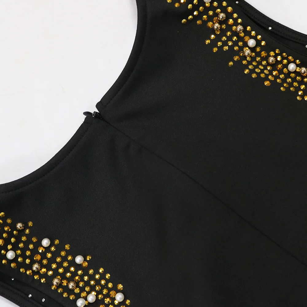 CM.YAYA Fall Diamonds Hot Rhinestones Tassel O-neck Women Sleeveless Bodycon Long Dress Birthday Party Evening Prom Maxi Dresses