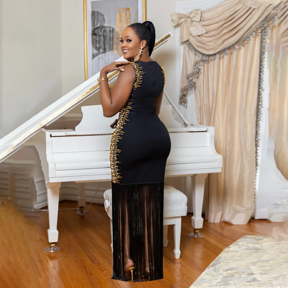 CM.YAYA Fall Diamonds Hot Rhinestones Tassel O-neck Women Sleeveless Bodycon Long Dress Birthday Party Evening Prom Maxi Dresses