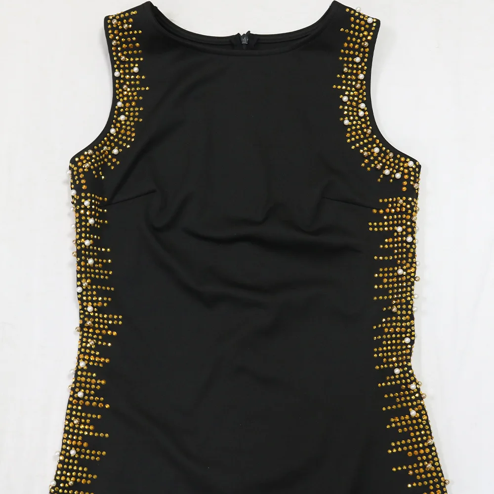 CM.YAYA Fall Diamonds Hot Rhinestones Tassel O-neck Women Sleeveless Bodycon Long Dress Birthday Party Evening Prom Maxi Dresses