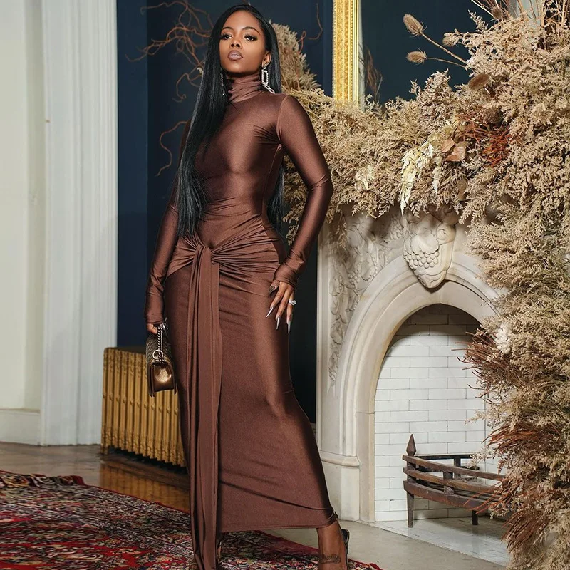 CM.YAYA Women Full Sleeve Turtleneck Ribbon Ruched Long Maxi Dress 2025 Spring Sexy Street Slim Evening Night Club Party Dresses