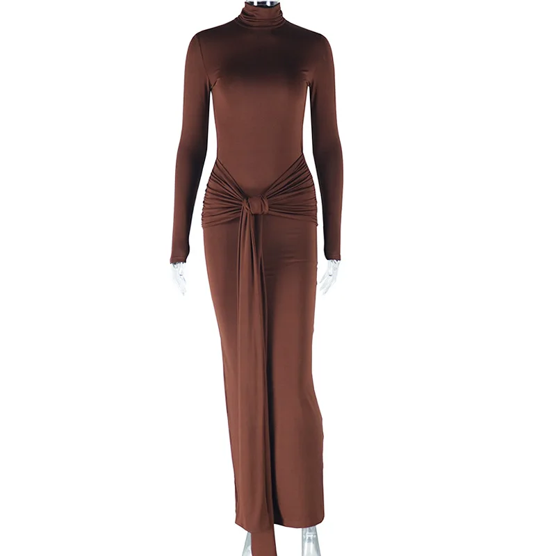 CM.YAYA Women Full Sleeve Turtleneck Ribbon Ruched Long Maxi Dress 2025 Spring Sexy Street Slim Evening Night Club Party Dresses