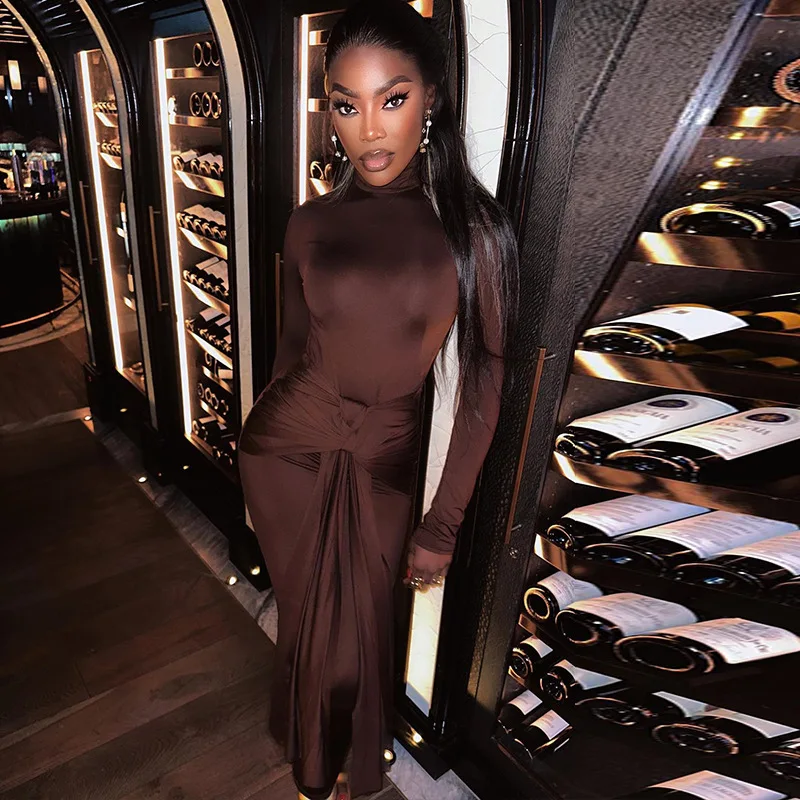 CM.YAYA Women Full Sleeve Turtleneck Ribbon Ruched Long Maxi Dress 2025 Spring Sexy Street Slim Evening Night Club Party Dresses