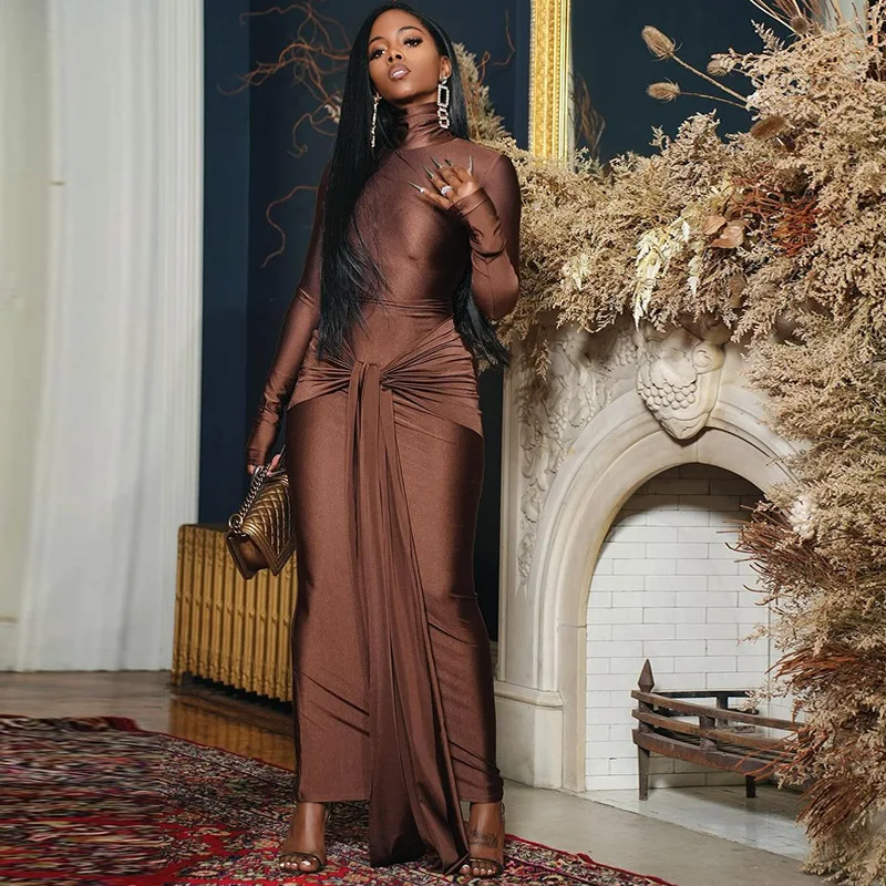 CM.YAYA Women Full Sleeve Turtleneck Ribbon Ruched Long Maxi Dress 2025 Spring Sexy Street Slim Evening Night Club Party Dresses