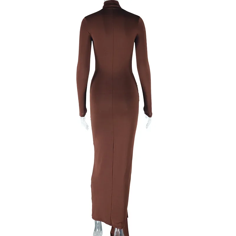 CM.YAYA Women Full Sleeve Turtleneck Ribbon Ruched Long Maxi Dress 2025 Spring Sexy Street Slim Evening Night Club Party Dresses