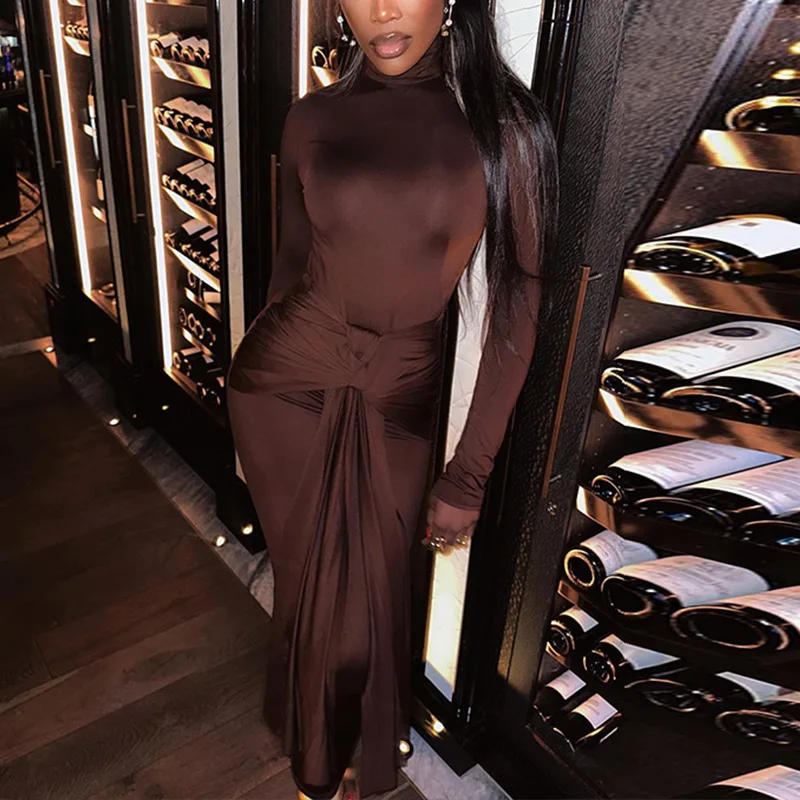 CM.YAYA Women Full Sleeve Turtleneck Ribbon Ruched Long Maxi Dress 2025 Spring Sexy Street Slim Evening Night Club Party Dresses