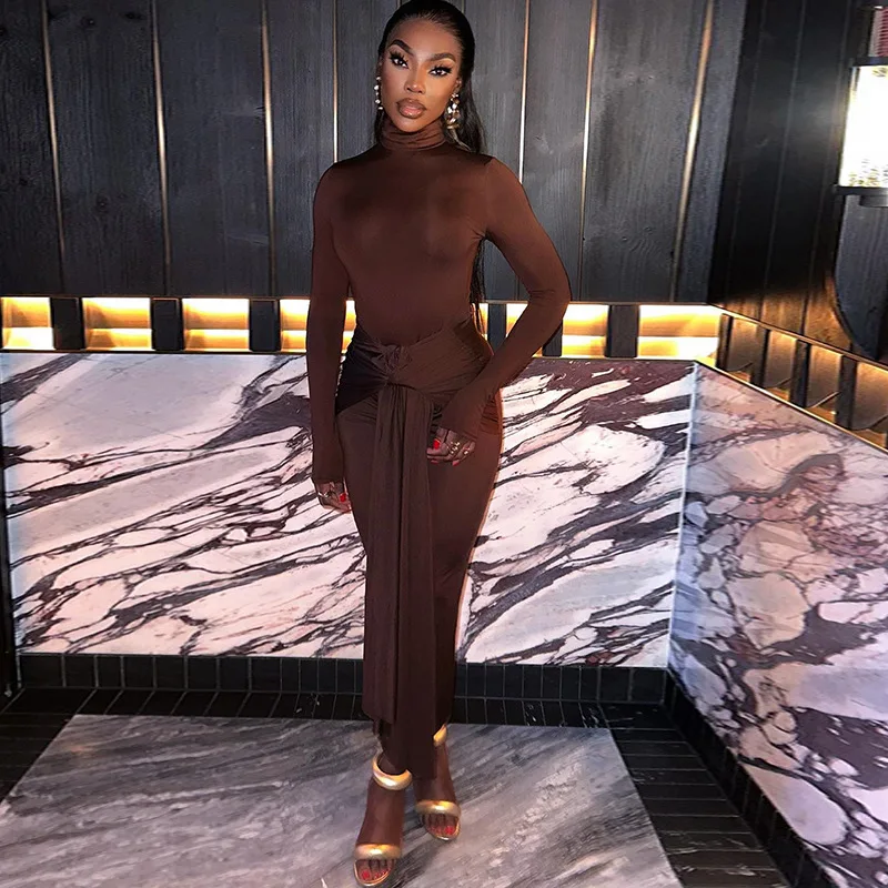 CM.YAYA Women Full Sleeve Turtleneck Ribbon Ruched Long Maxi Dress 2025 Spring Sexy Street Slim Evening Night Club Party Dresses