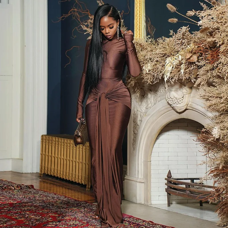 CM.YAYA Women Full Sleeve Turtleneck Ribbon Ruched Long Maxi Dress 2025 Spring Sexy Street Slim Evening Night Club Party Dresses