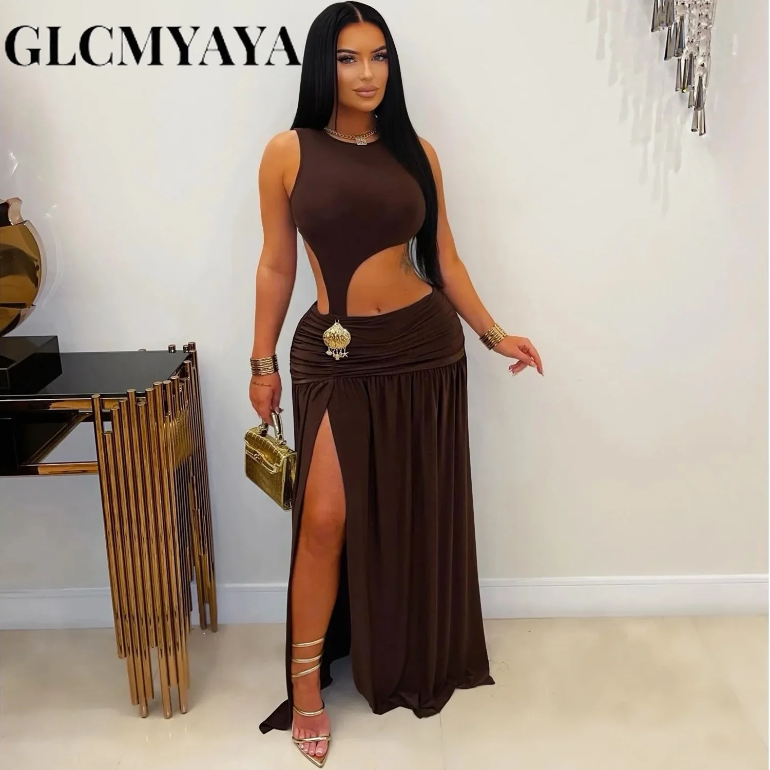 GLCMYAYA Women O-neck Sleeveless Hollow Out Ruched Pleated Long Dress Spring Birthday Evening Sexy Party Maxi Dresses Vestidos