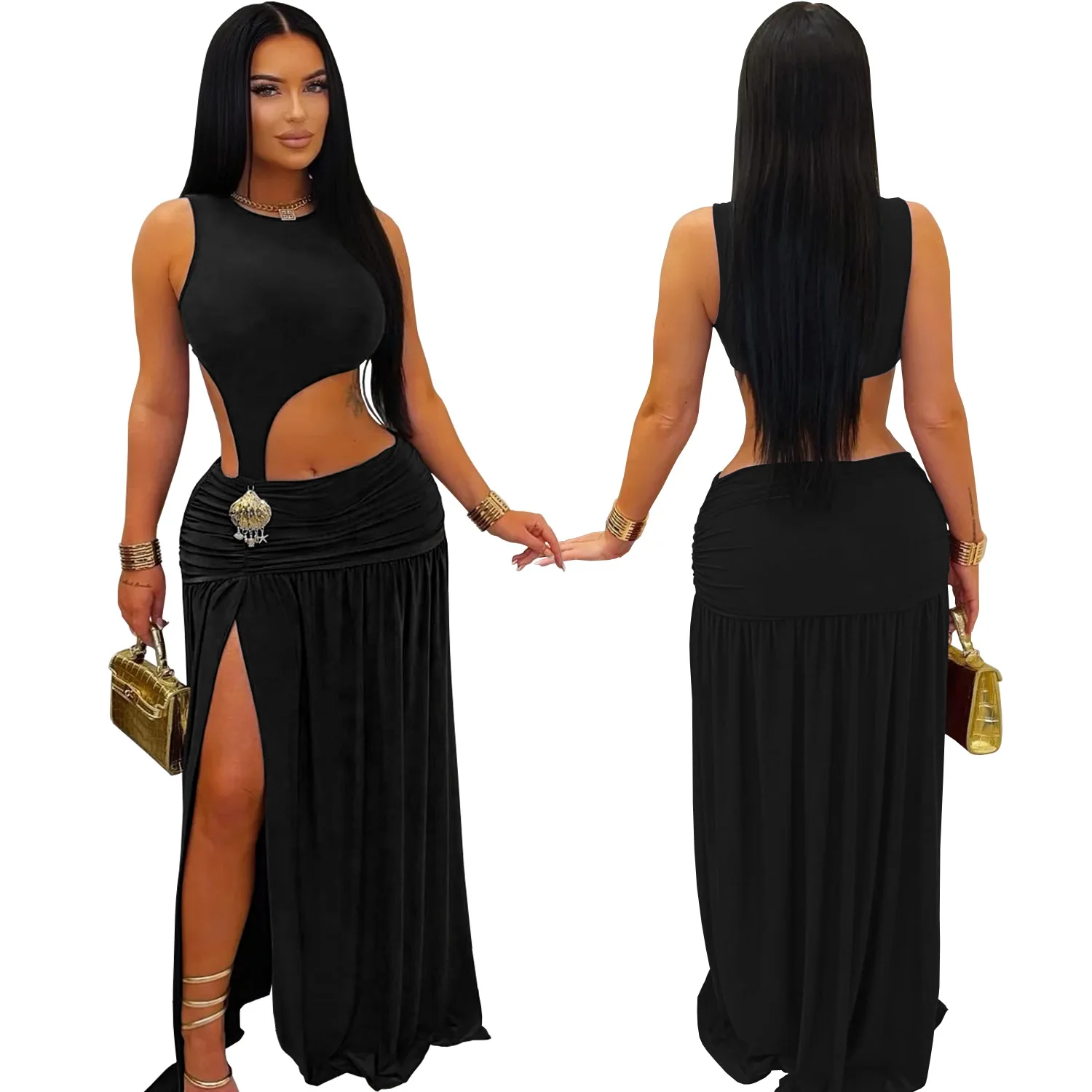 GLCMYAYA Women O-neck Sleeveless Hollow Out Ruched Pleated Long Dress Spring Birthday Evening Sexy Party Maxi Dresses Vestidos