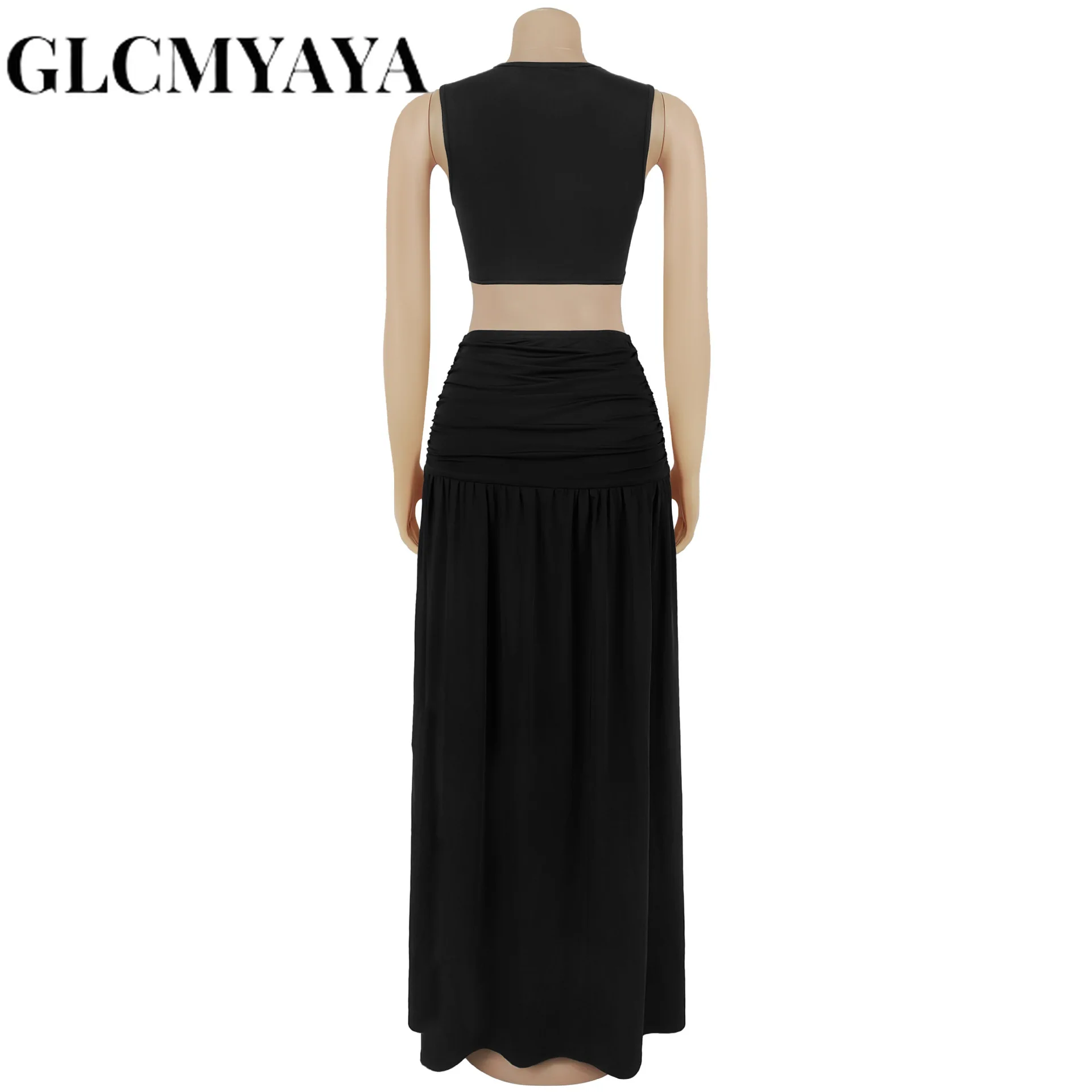 GLCMYAYA Women O-neck Sleeveless Hollow Out Ruched Pleated Long Dress Spring Birthday Evening Sexy Party Maxi Dresses Vestidos