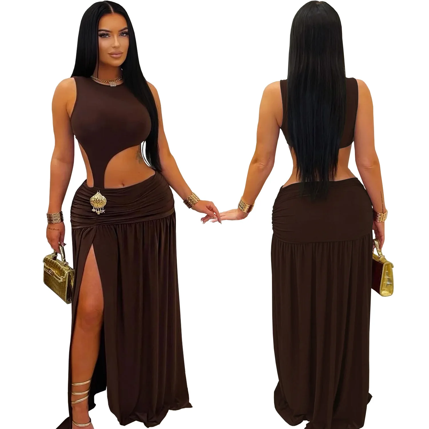 GLCMYAYA Women O-neck Sleeveless Hollow Out Ruched Pleated Long Dress Spring Birthday Evening Sexy Party Maxi Dresses Vestidos