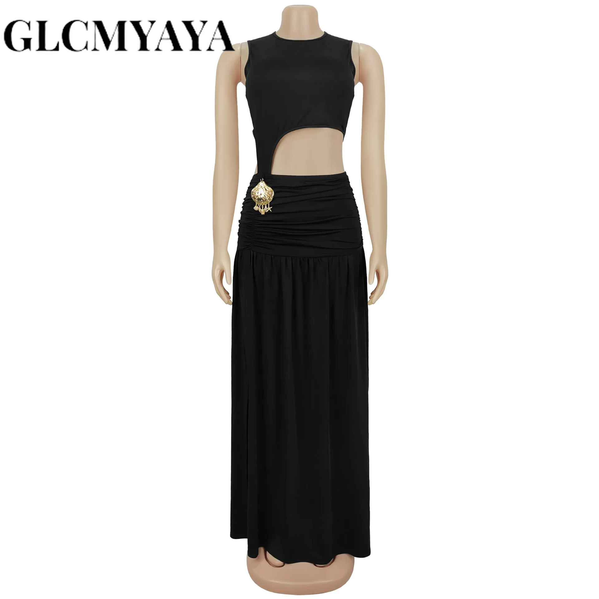 GLCMYAYA Women O-neck Sleeveless Hollow Out Ruched Pleated Long Dress Spring Birthday Evening Sexy Party Maxi Dresses Vestidos