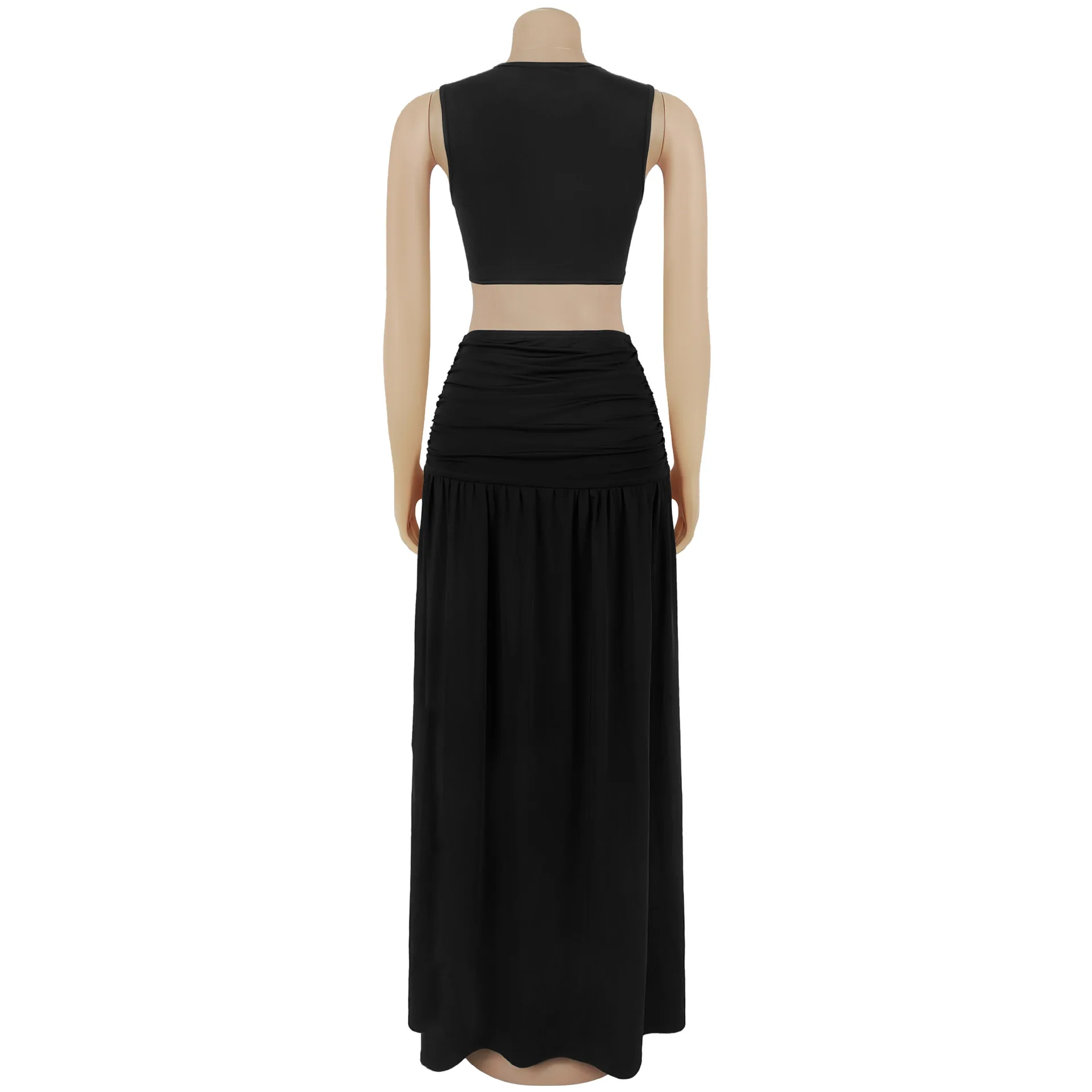 GLCMYAYA Women O-neck Sleeveless Hollow Out Ruched Pleated Long Dress Spring Birthday Evening Sexy Party Maxi Dresses Vestidos