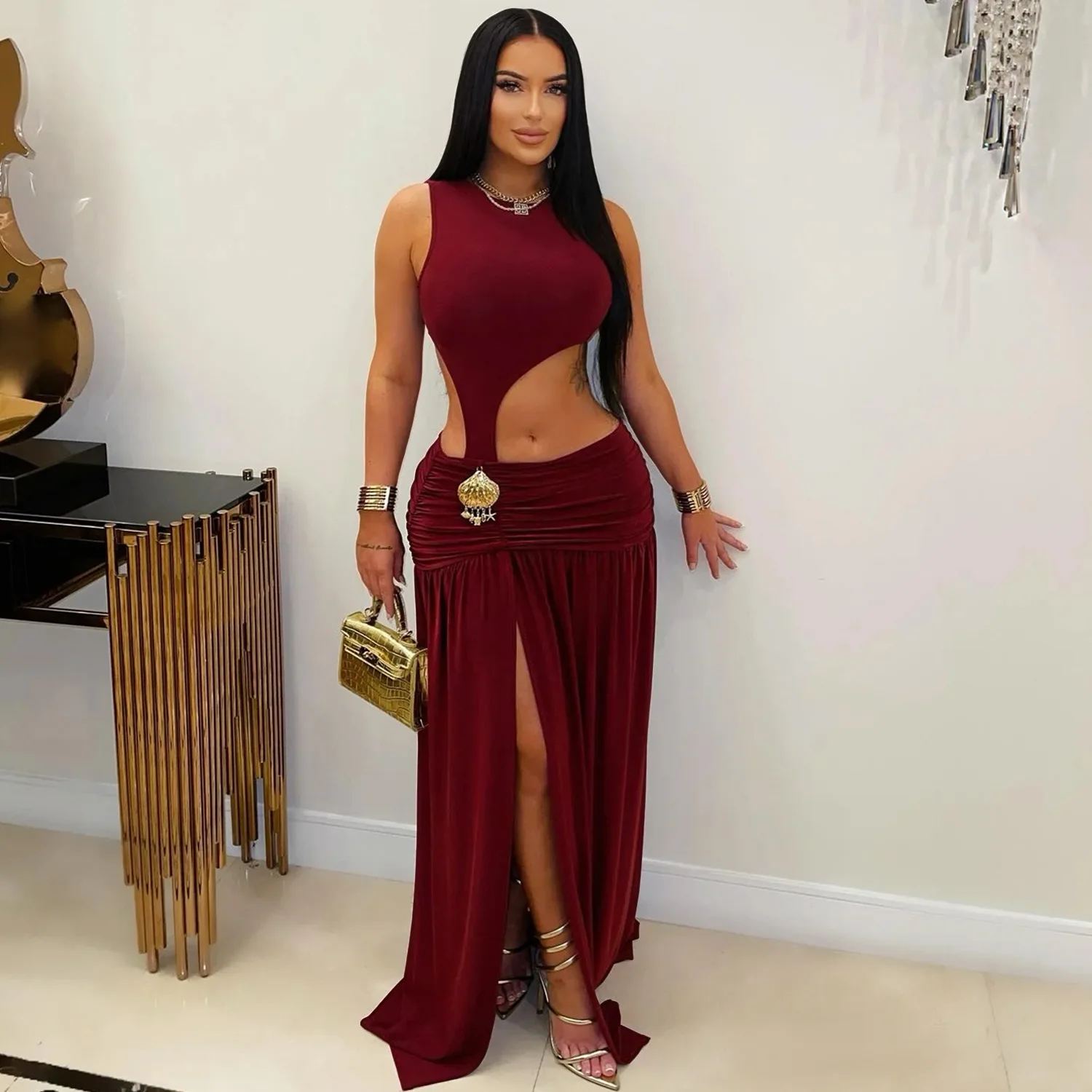 GLCMYAYA Women O-neck Sleeveless Hollow Out Ruched Pleated Long Dress Spring Birthday Evening Sexy Party Maxi Dresses Vestidos