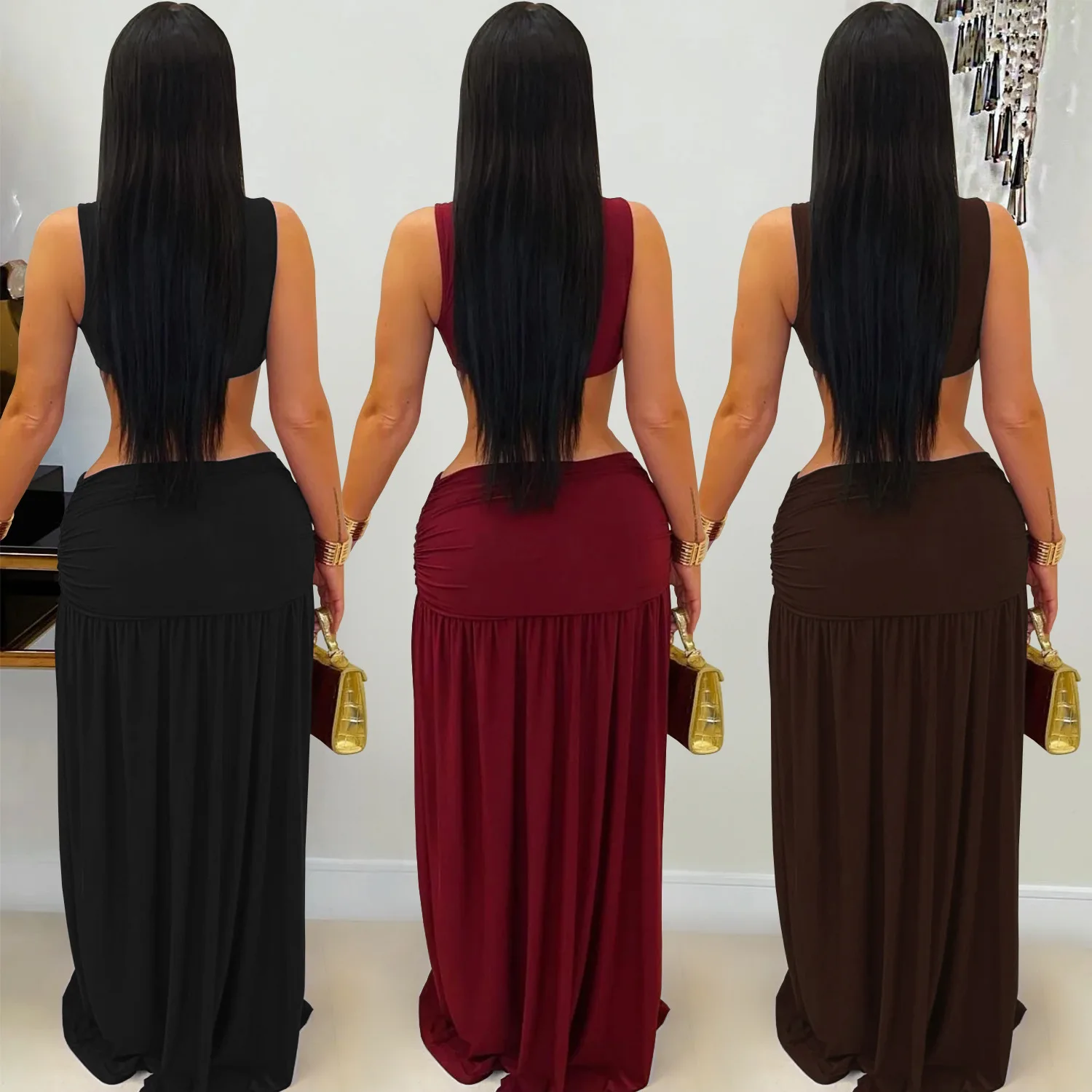 GLCMYAYA Women O-neck Sleeveless Hollow Out Ruched Pleated Long Dress Spring Birthday Evening Sexy Party Maxi Dresses Vestidos