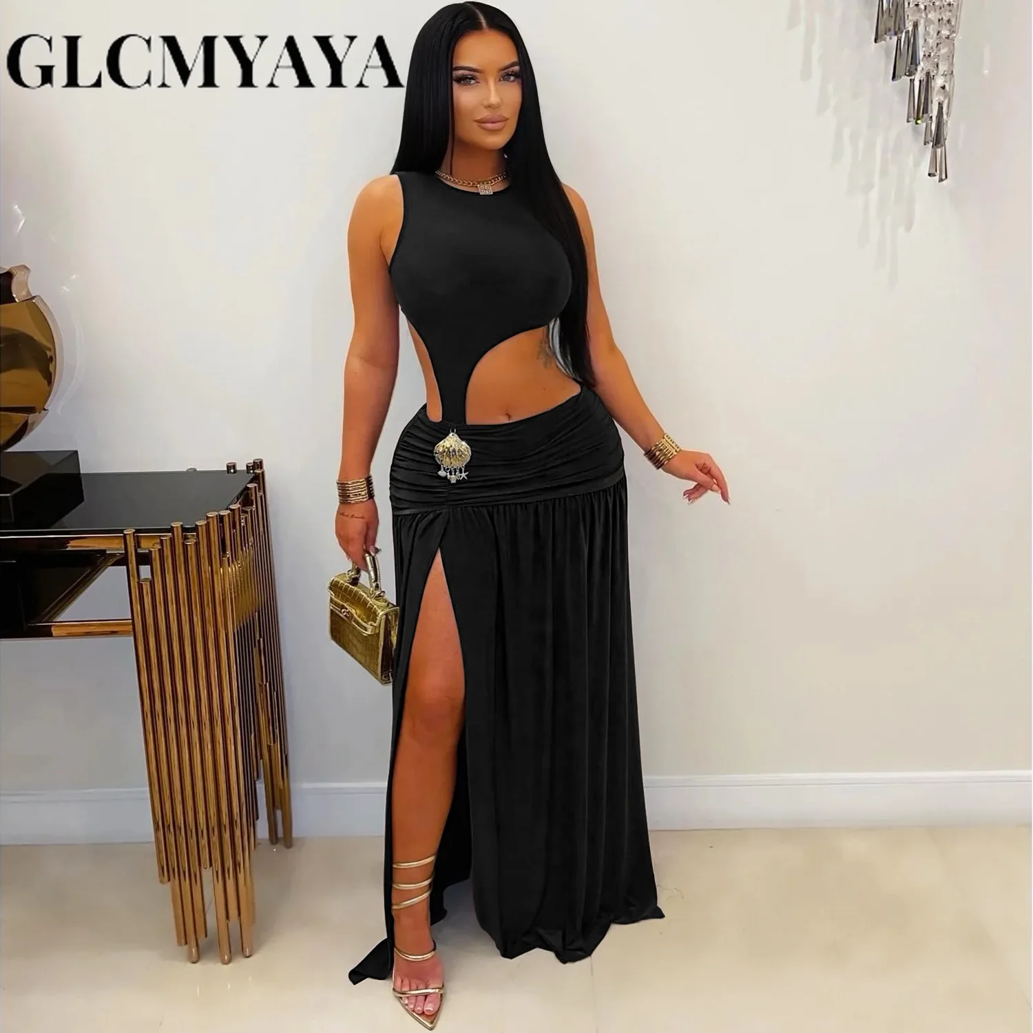 GLCMYAYA Women O-neck Sleeveless Hollow Out Ruched Pleated Long Dress Spring Birthday Evening Sexy Party Maxi Dresses Vestidos