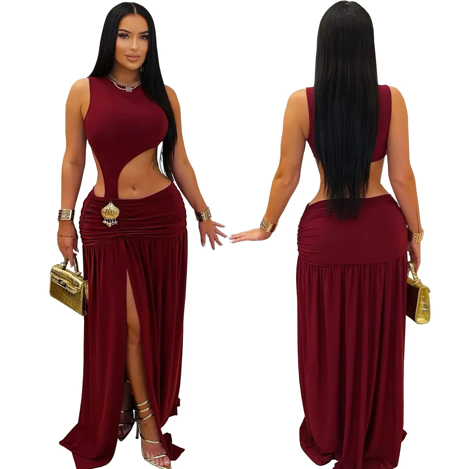 GLCMYAYA Women O-neck Sleeveless Hollow Out Ruched Pleated Long Dress Spring Birthday Evening Sexy Party Maxi Dresses Vestidos