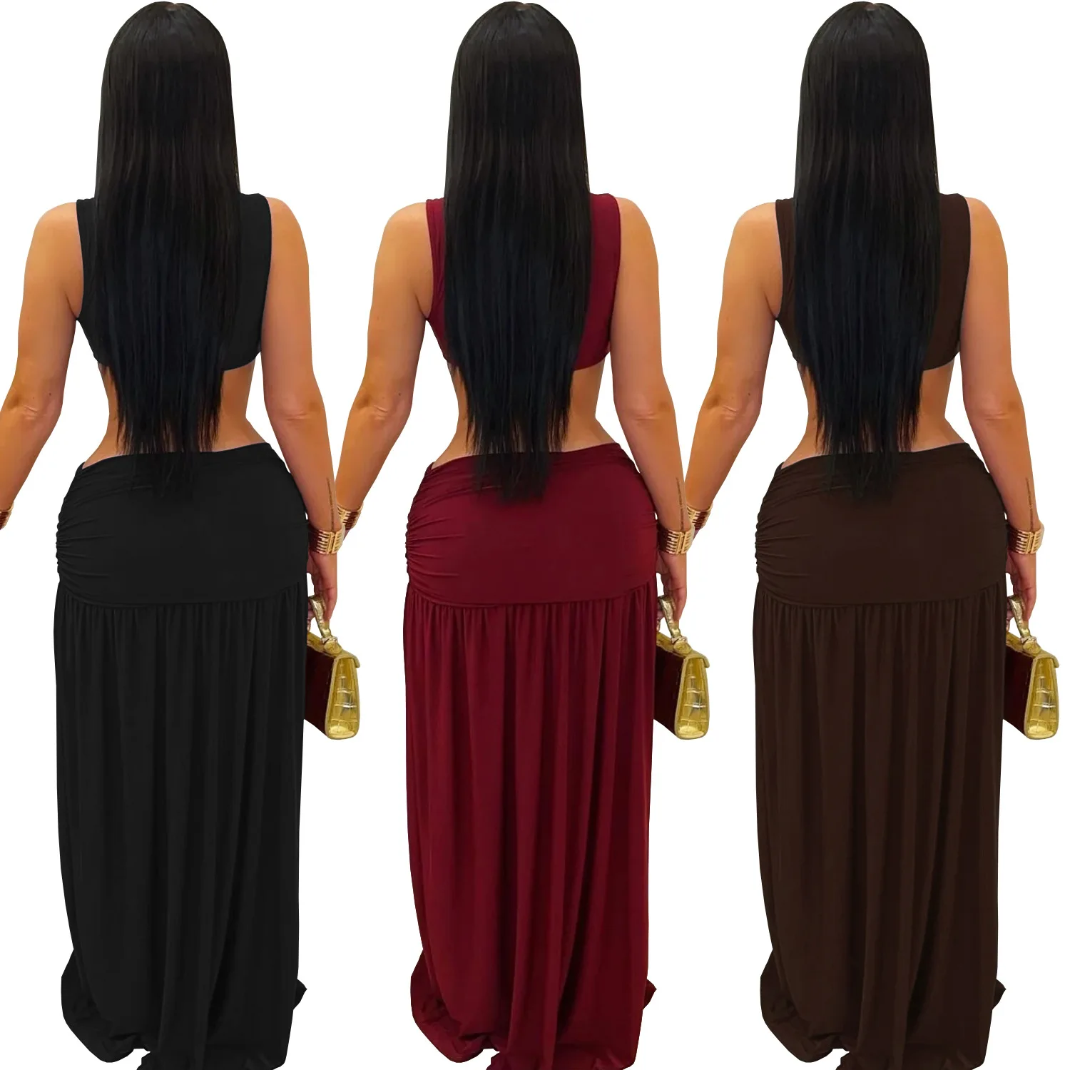 GLCMYAYA Women O-neck Sleeveless Hollow Out Ruched Pleated Long Dress Spring Birthday Evening Sexy Party Maxi Dresses Vestidos