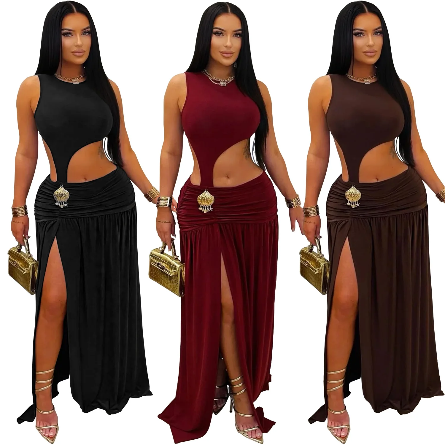 GLCMYAYA Women O-neck Sleeveless Hollow Out Ruched Pleated Long Dress Spring Birthday Evening Sexy Party Maxi Dresses Vestidos