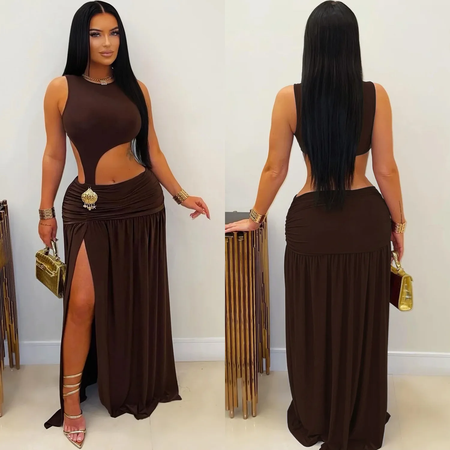 GLCMYAYA Women O-neck Sleeveless Hollow Out Ruched Pleated Long Dress Spring Birthday Evening Sexy Party Maxi Dresses Vestidos