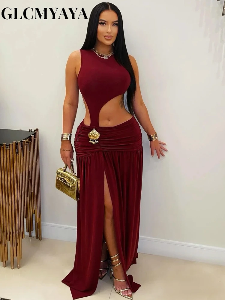 GLCMYAYA Women O-neck Sleeveless Hollow Out Ruched Pleated Long Dress Spring Birthday Evening Sexy Party Maxi Dresses Vestidos