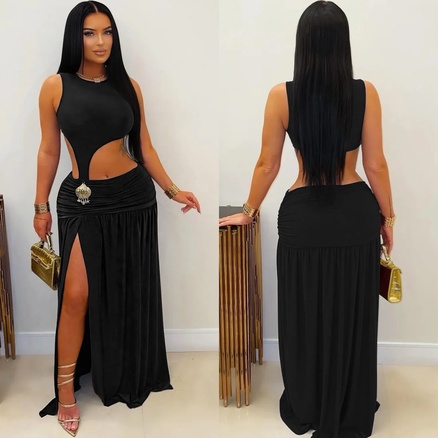 GLCMYAYA Women O-neck Sleeveless Hollow Out Ruched Pleated Long Dress Spring Birthday Evening Sexy Party Maxi Dresses Vestidos