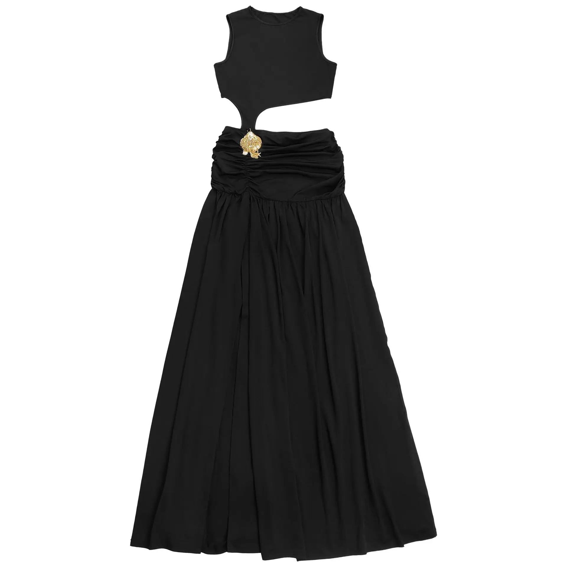 GLCMYAYA Women O-neck Sleeveless Hollow Out Ruched Pleated Long Dress Spring Birthday Evening Sexy Party Maxi Dresses Vestidos