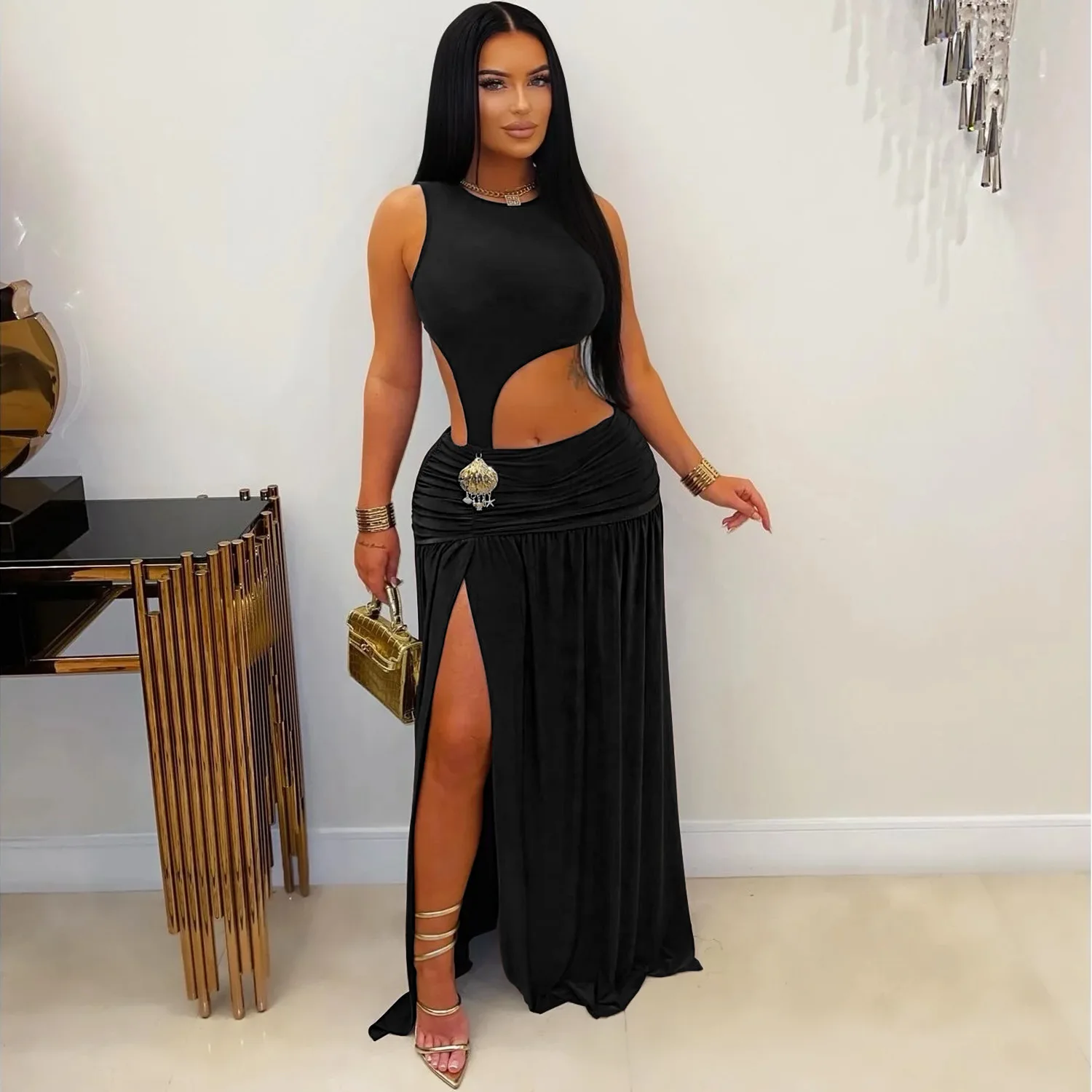 GLCMYAYA Women O-neck Sleeveless Hollow Out Ruched Pleated Long Dress Spring Birthday Evening Sexy Party Maxi Dresses Vestidos