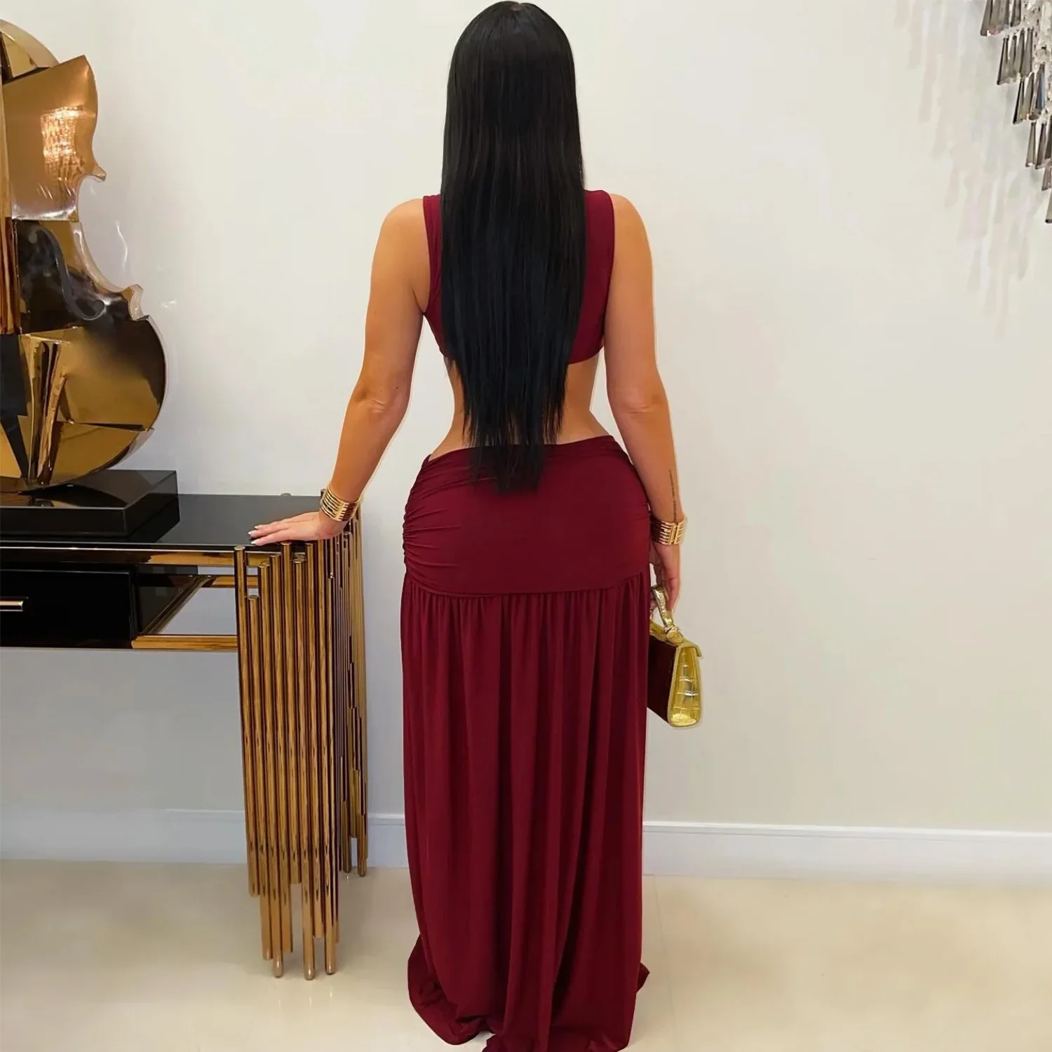 GLCMYAYA Women O-neck Sleeveless Hollow Out Ruched Pleated Long Dress Spring Birthday Evening Sexy Party Maxi Dresses Vestidos