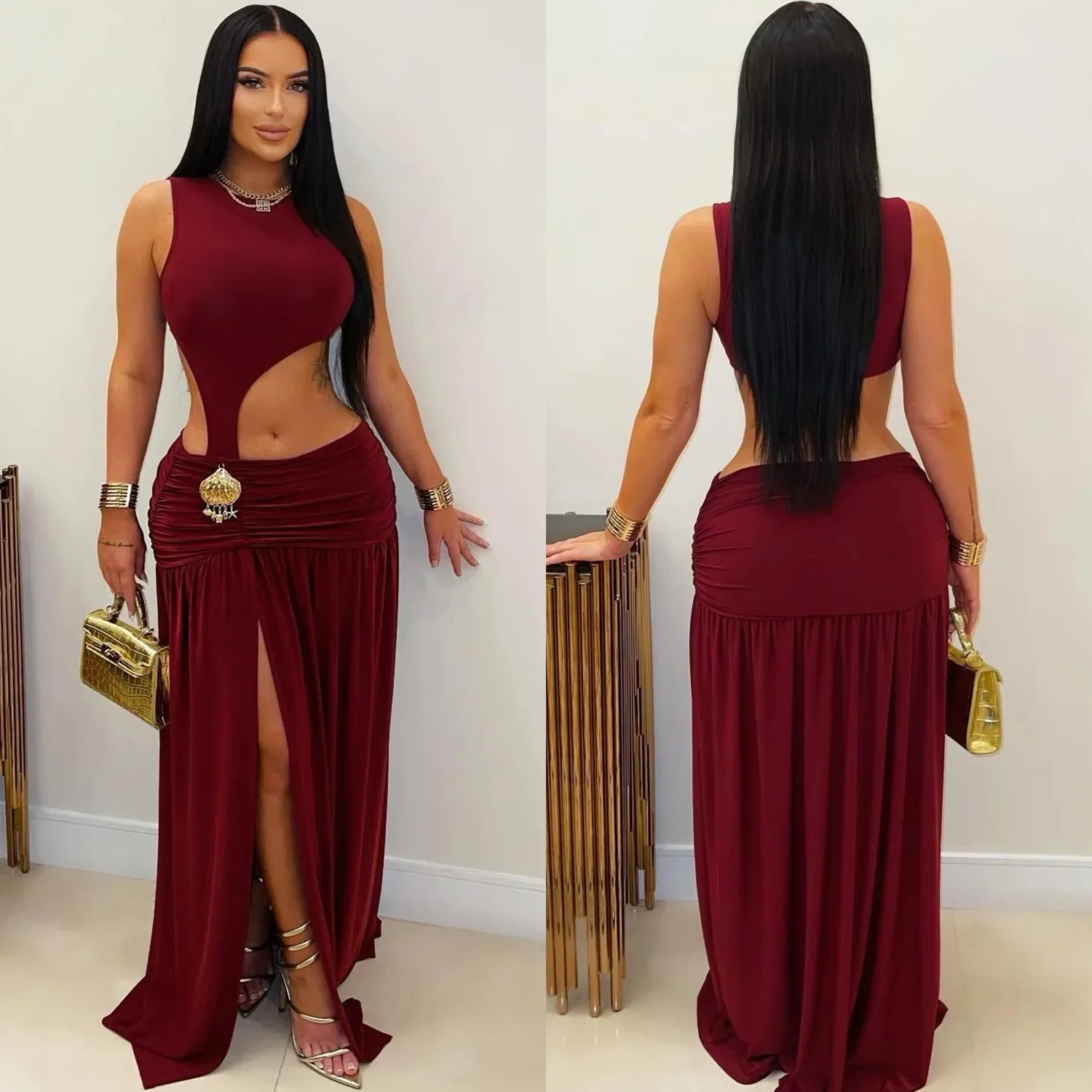 GLCMYAYA Women O-neck Sleeveless Hollow Out Ruched Pleated Long Dress Spring Birthday Evening Sexy Party Maxi Dresses Vestidos