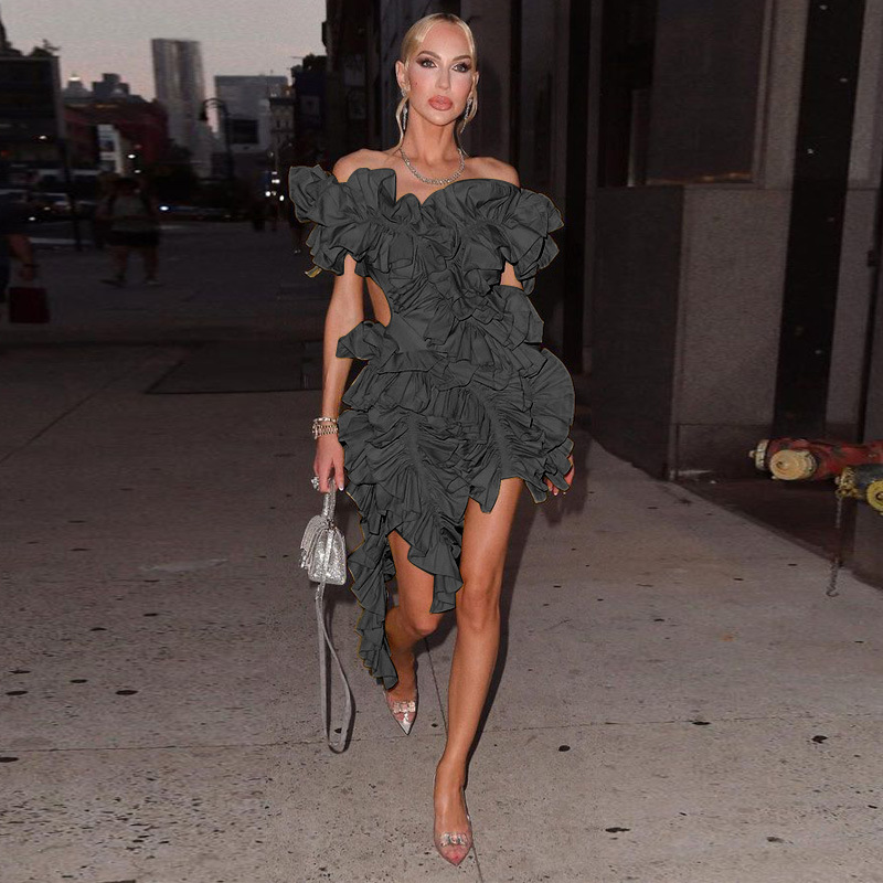 CM.YAYA Women Edible Tree Fungus Tierred High Low Asymmetrical Ball Gown Dress 2023 Sexy Club Party Evening High Street Dresses