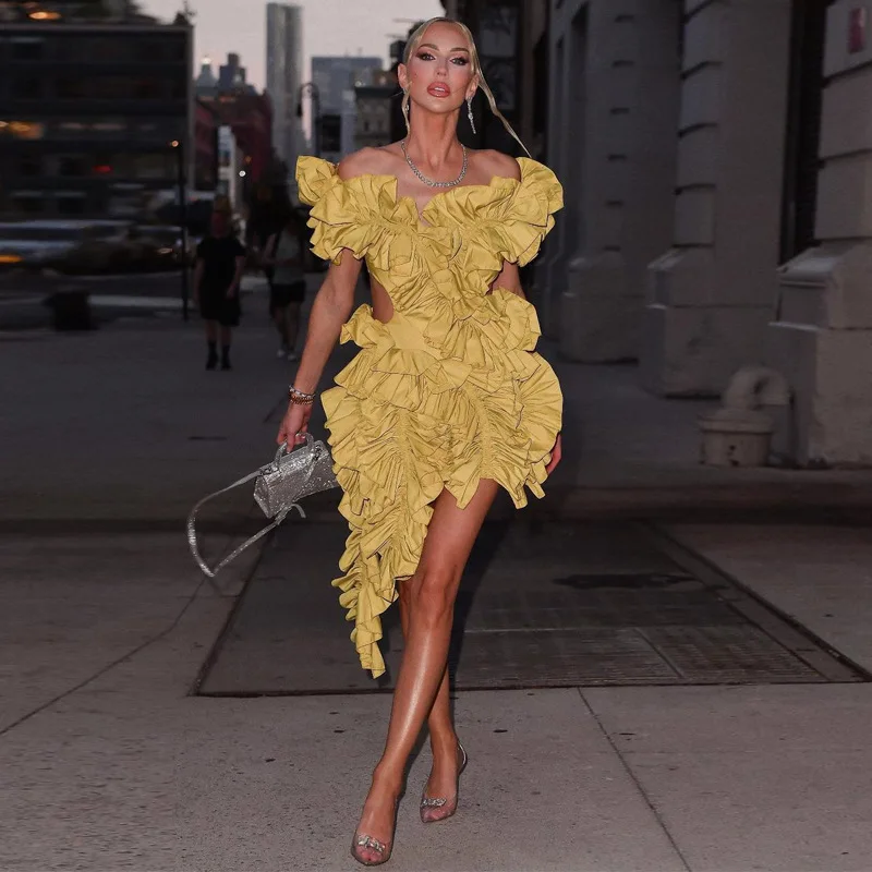 CM.YAYA Women Edible Tree Fungus Tierred High Low Asymmetrical Ball Gown Dress 2023 Sexy Club Party Evening High Street Dresses