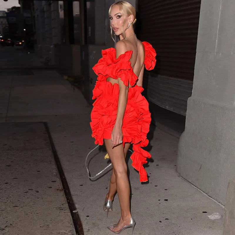 CM.YAYA Women Edible Tree Fungus Tierred High Low Asymmetrical Ball Gown Dress 2023 Sexy Club Party Evening High Street Dresses