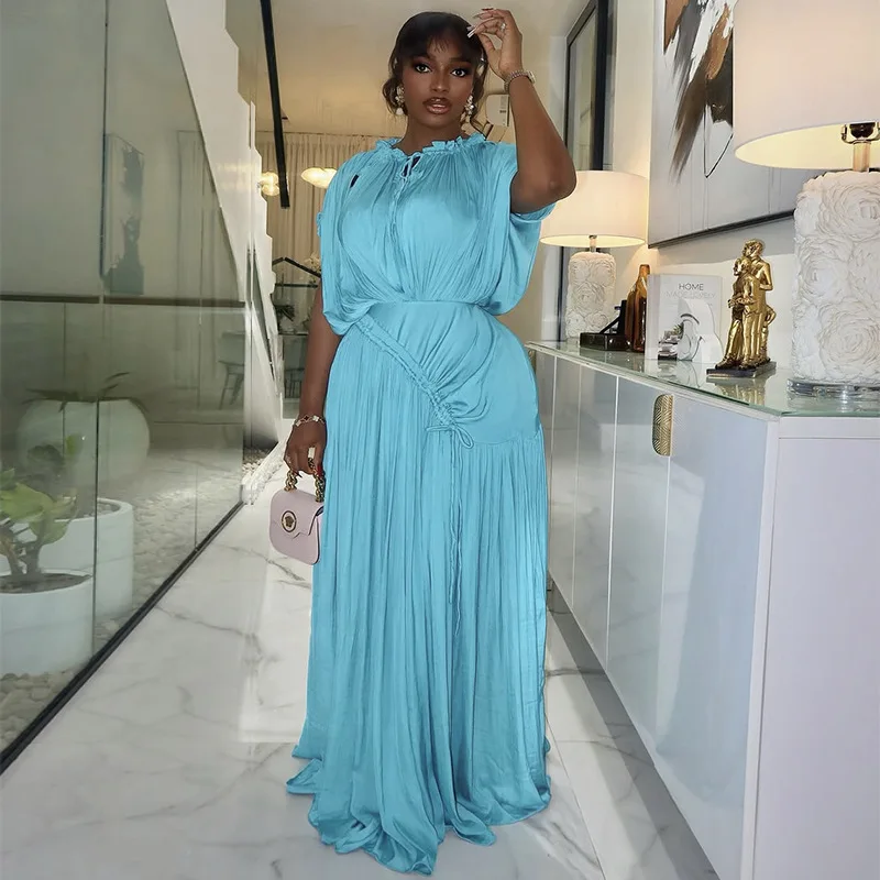 GLCMYAYA Women Short Sleeve Ruched Stacked O-neck Pleated Maxi Long Dress Evening Birthday Party Sexy Vacation Elegant Dresses