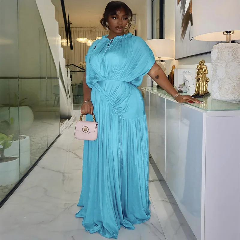 GLCMYAYA Women Short Sleeve Ruched Stacked O-neck Pleated Maxi Long Dress Evening Birthday Party Sexy Vacation Elegant Dresses