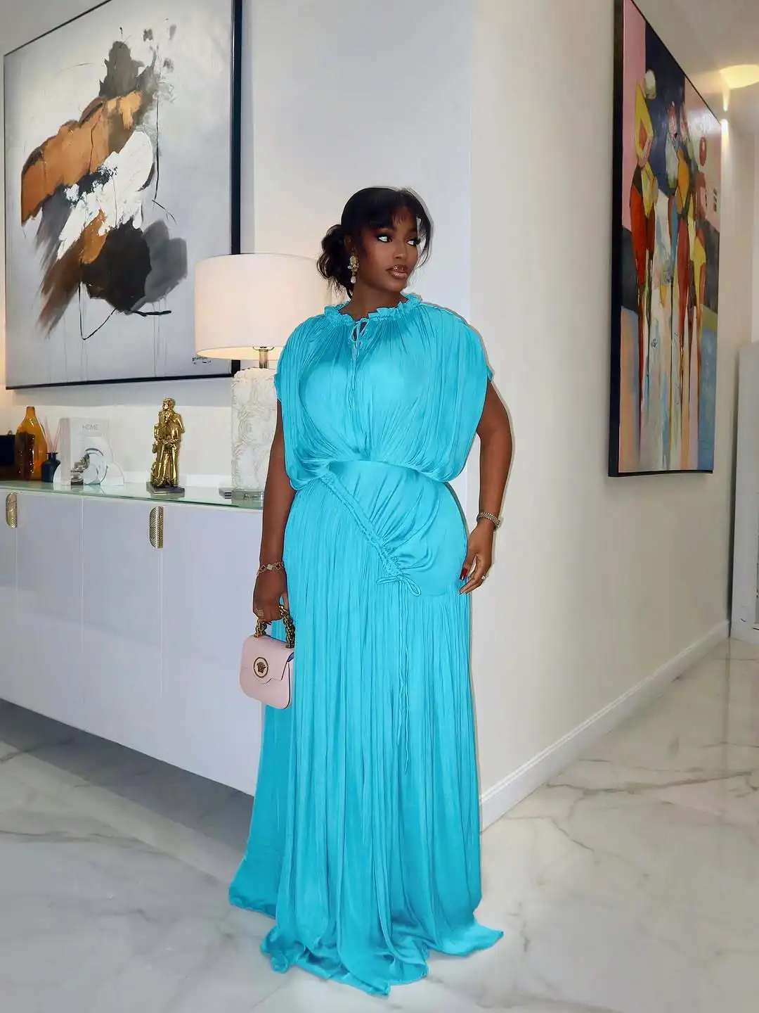 GLCMYAYA Women Short Sleeve Ruched Stacked O-neck Pleated Maxi Long Dress Evening Birthday Party Sexy Vacation Elegant Dresses