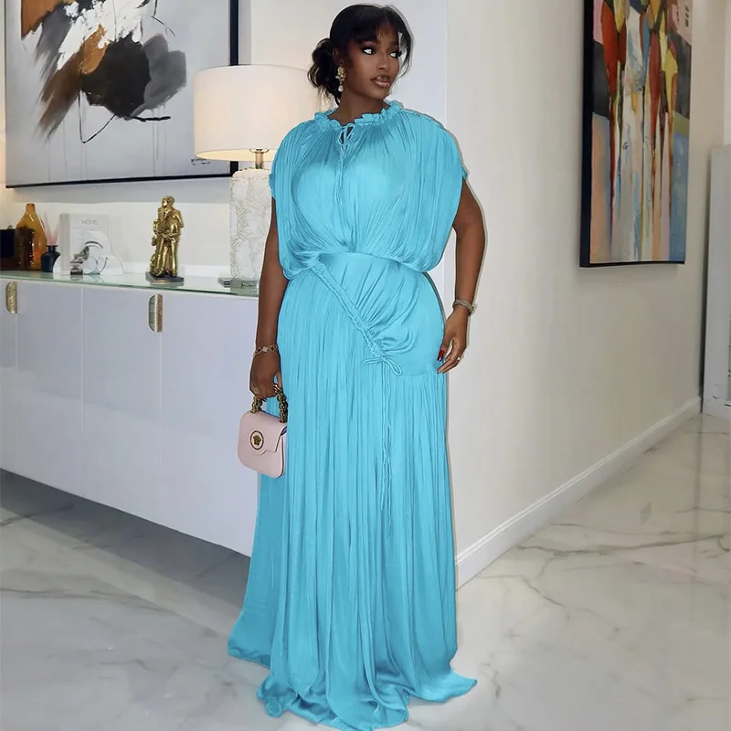 GLCMYAYA Women Short Sleeve Ruched Stacked O-neck Pleated Maxi Long Dress Evening Birthday Party Sexy Vacation Elegant Dresses