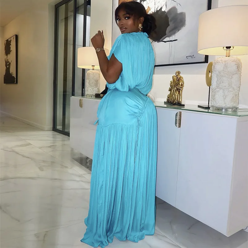 GLCMYAYA Women Short Sleeve Ruched Stacked O-neck Pleated Maxi Long Dress Evening Birthday Party Sexy Vacation Elegant Dresses