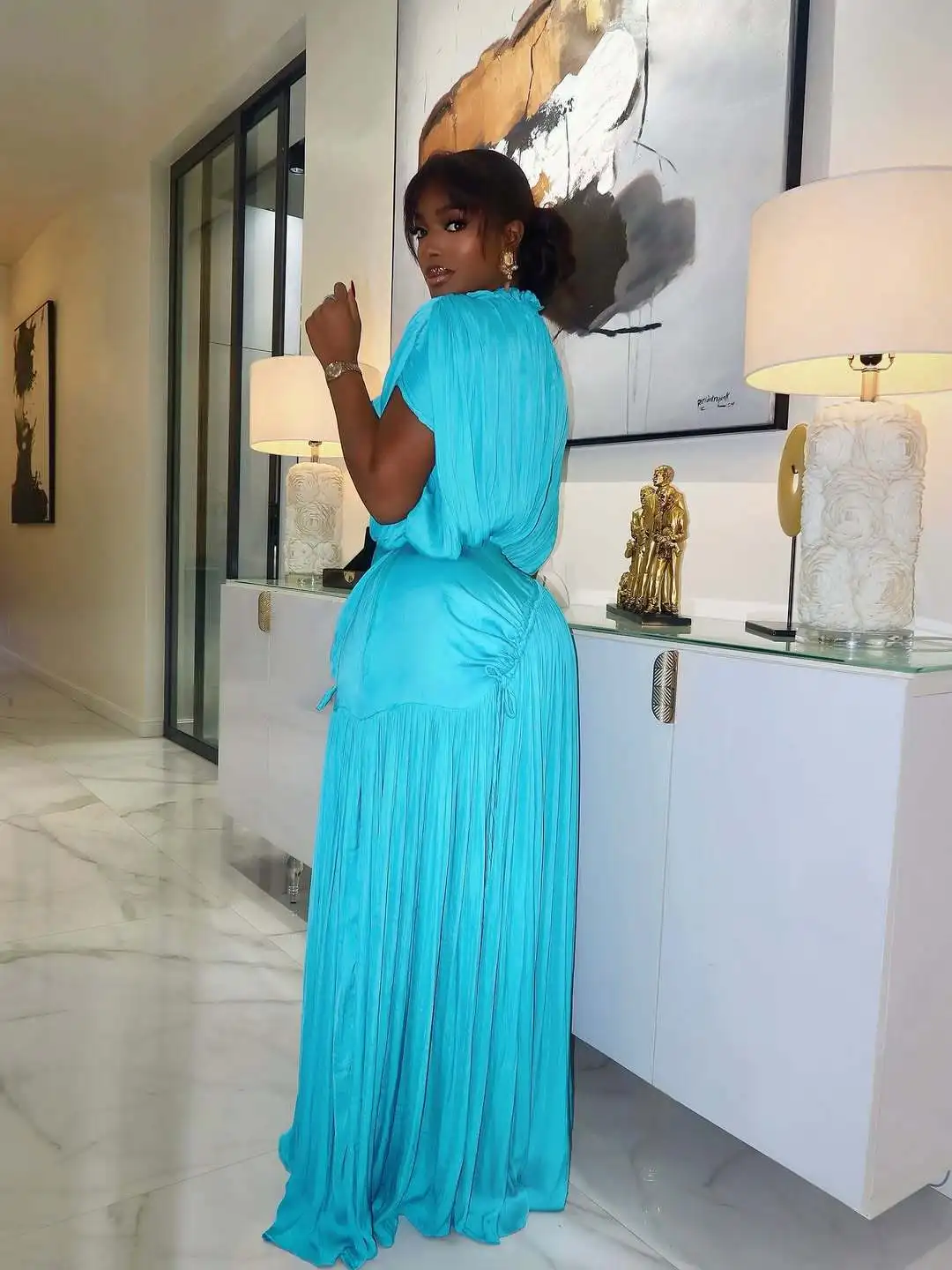 GLCMYAYA Women Short Sleeve Ruched Stacked O-neck Pleated Maxi Long Dress Evening Birthday Party Sexy Vacation Elegant Dresses