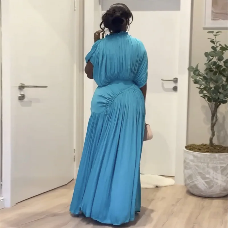 GLCMYAYA Women Short Sleeve Ruched Stacked O-neck Pleated Maxi Long Dress Evening Birthday Party Sexy Vacation Elegant Dresses