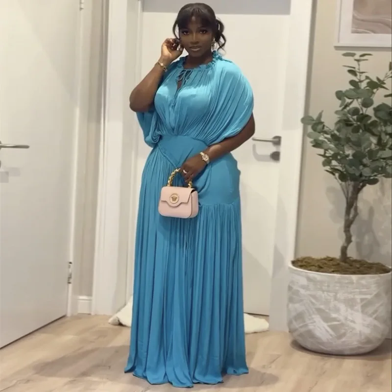 GLCMYAYA Women Short Sleeve Ruched Stacked O-neck Pleated Maxi Long Dress Evening Birthday Party Sexy Vacation Elegant Dresses