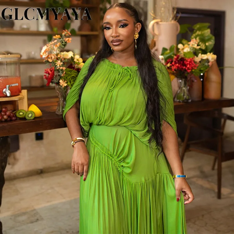 GLCMYAYA Women Short Sleeve Ruched Stacked O-neck Pleated Maxi Long Dress Evening Birthday Party Sexy Vacation Elegant Dresses