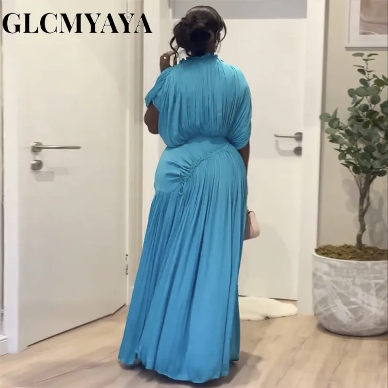 GLCMYAYA Women Short Sleeve Ruched Stacked O-neck Pleated Maxi Long Dress Evening Birthday Party Sexy Vacation Elegant Dresses
